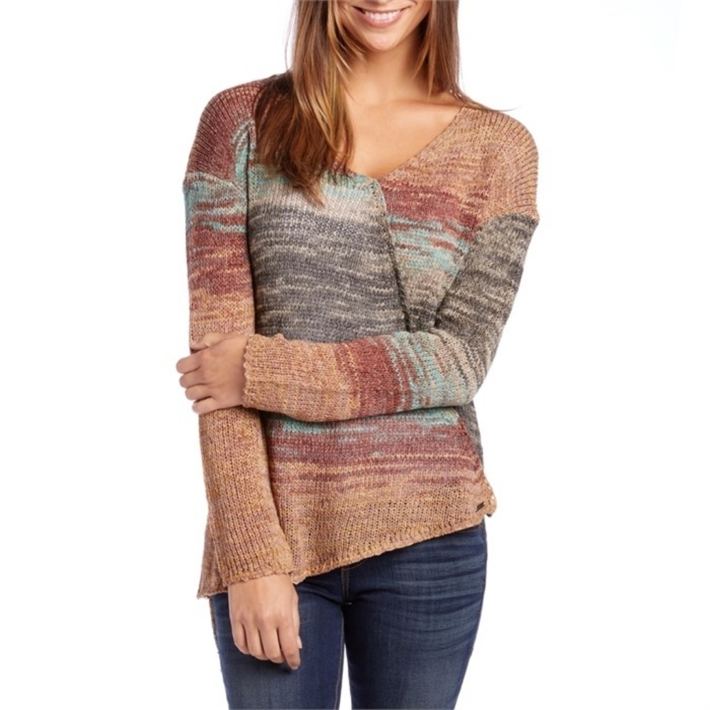 Prana Vignette Multicolored V Neck Wrap Open Knit Asymmetrical Sweater